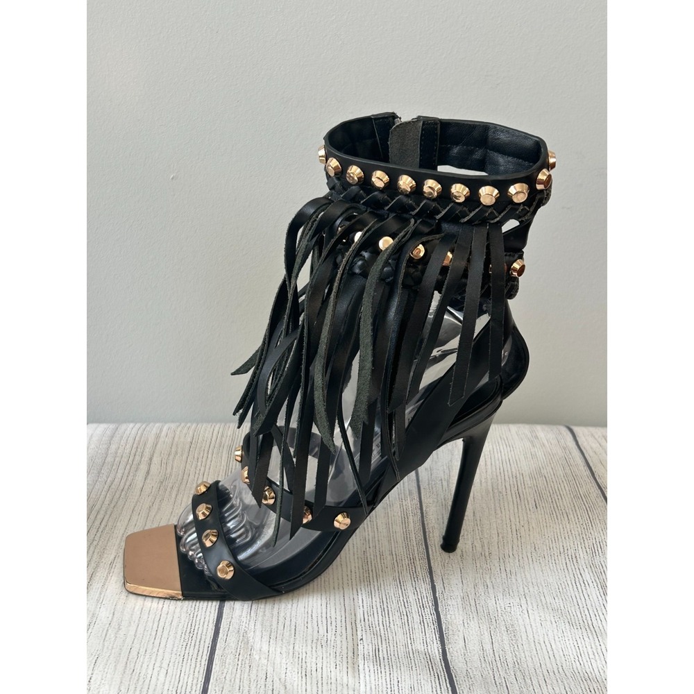 Ivy Kirzhner Heels Womens 6.5 Black Leather Studded Fringe Stiletto Edgy